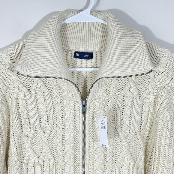 Gap Full Zip Cable Knit Sweater Cardigan Mens Size Large Ivory Chino Academy - Picture 2 of 8